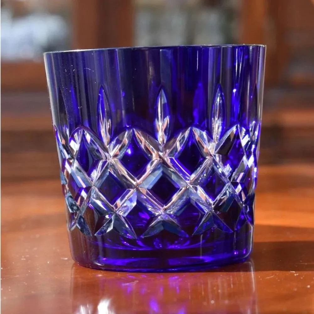 Vintage Set of AJKA Colored Crystal Old Fashioned Glasses with Ice Bucket